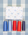 Five spools of thread in blue, red, and purple on a white fabric with airplane pattern against a checkered background.
