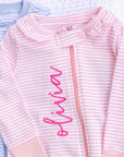 Baby Personalized Pima Ruffle Collar Romper in Pink Stripes (3-6 mo.)