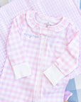 Personalized Pima Ruffle Collar Romper in Pink Gingham (0-3 mo.)