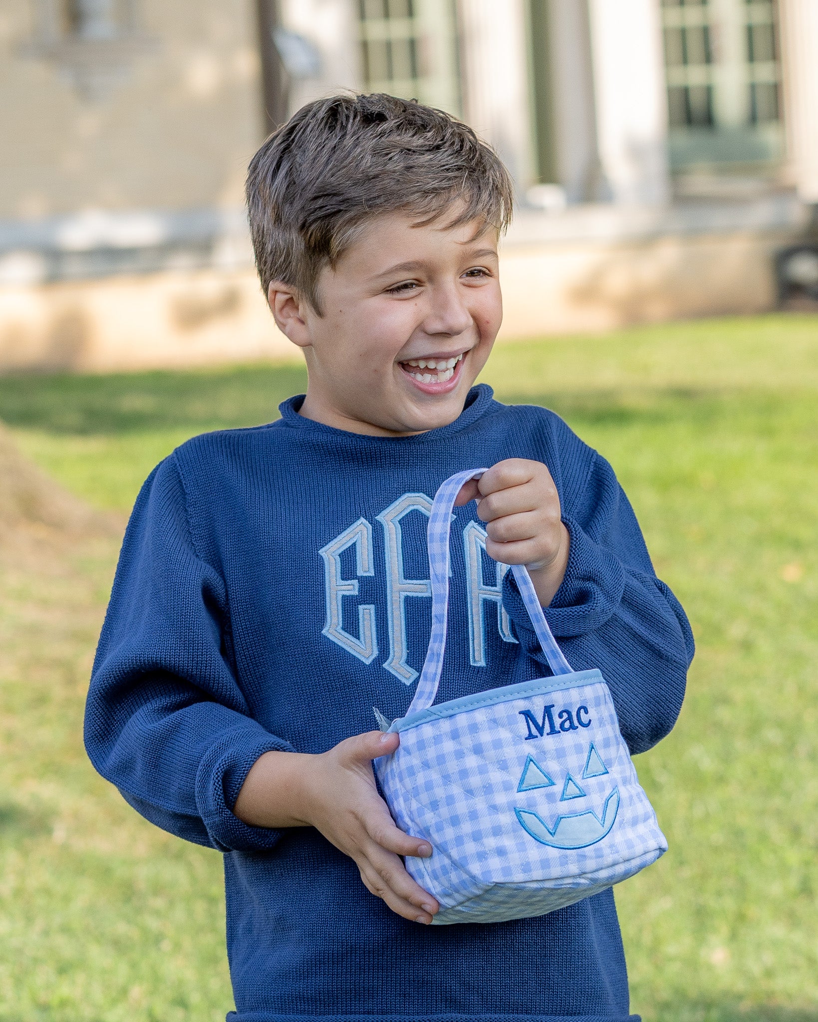 Personalized Blue Gingham Mini Trick or Treat Bucket