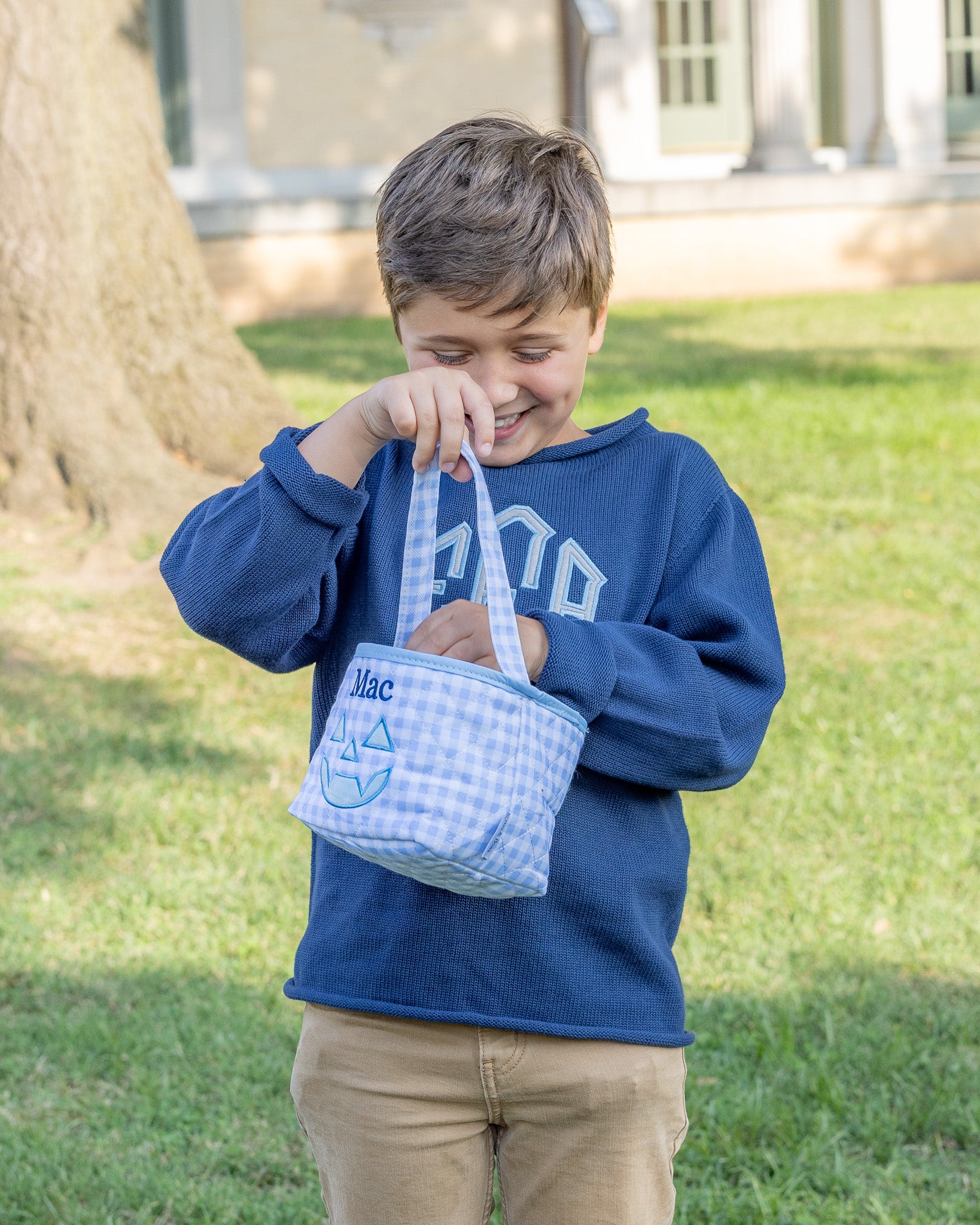 Personalized Blue Gingham Mini Trick or Treat Bucket