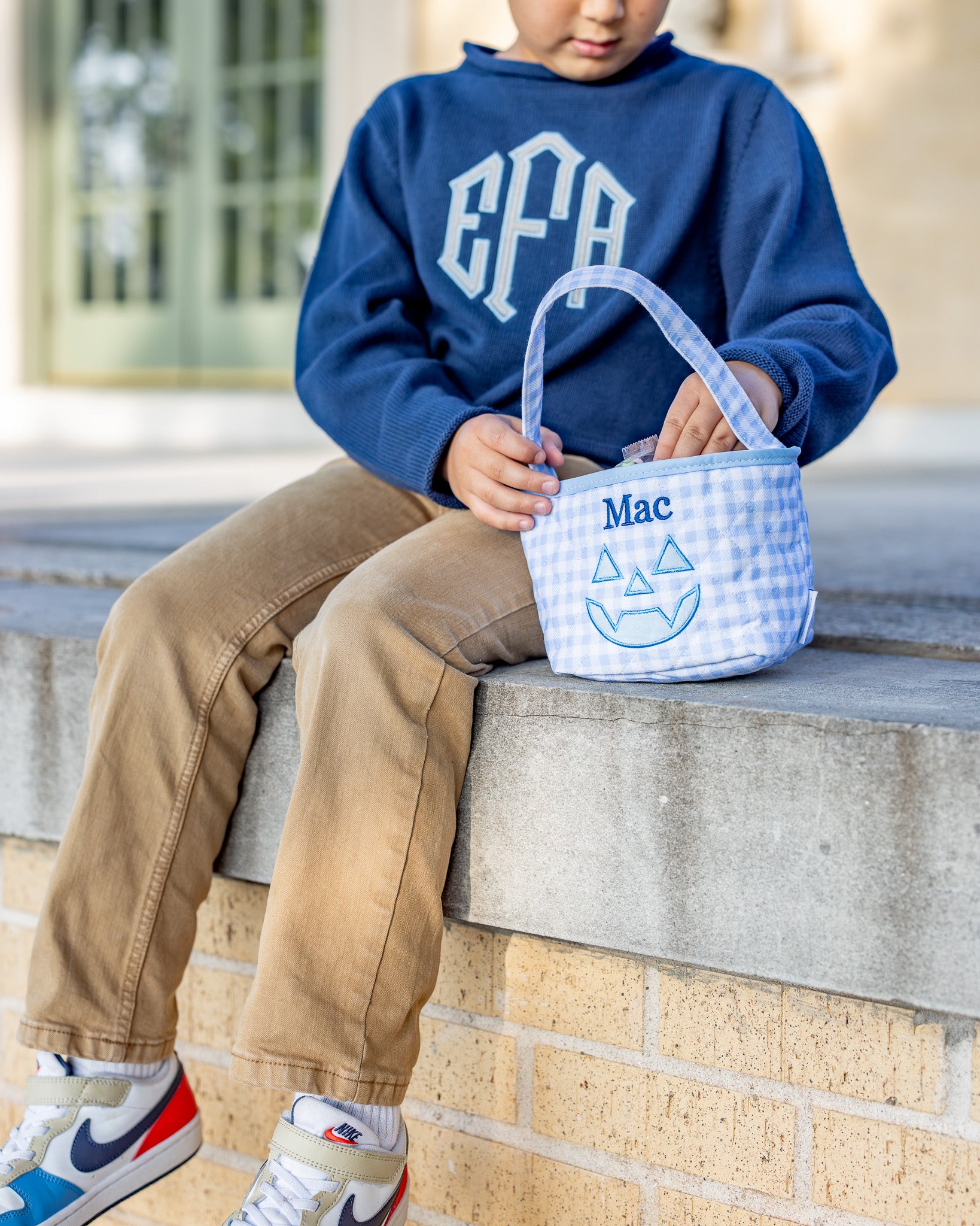 Personalized Blue Gingham Mini Trick or Treat Bucket