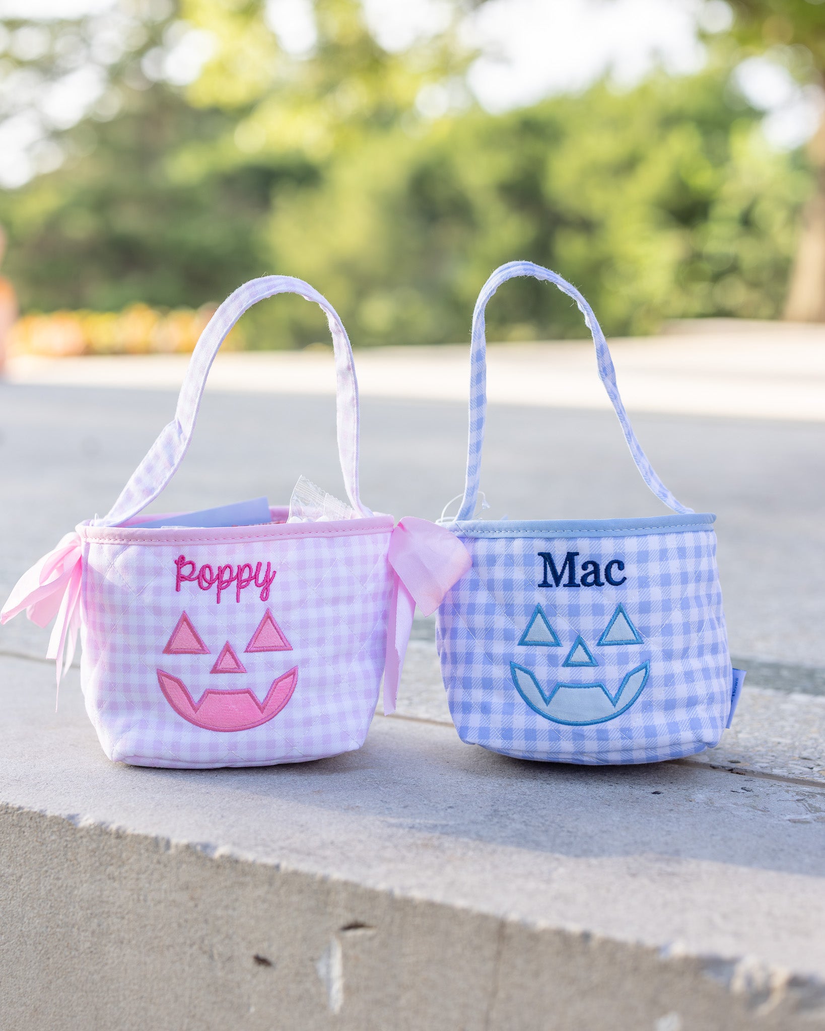 Personalized Blue Gingham Mini Trick or Treat Bucket