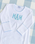Personalized White Baby Gown with Blue Picot Trim
