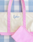 Natural with Gingham Pink Trim TRVL Medium Tote Coated Canvas