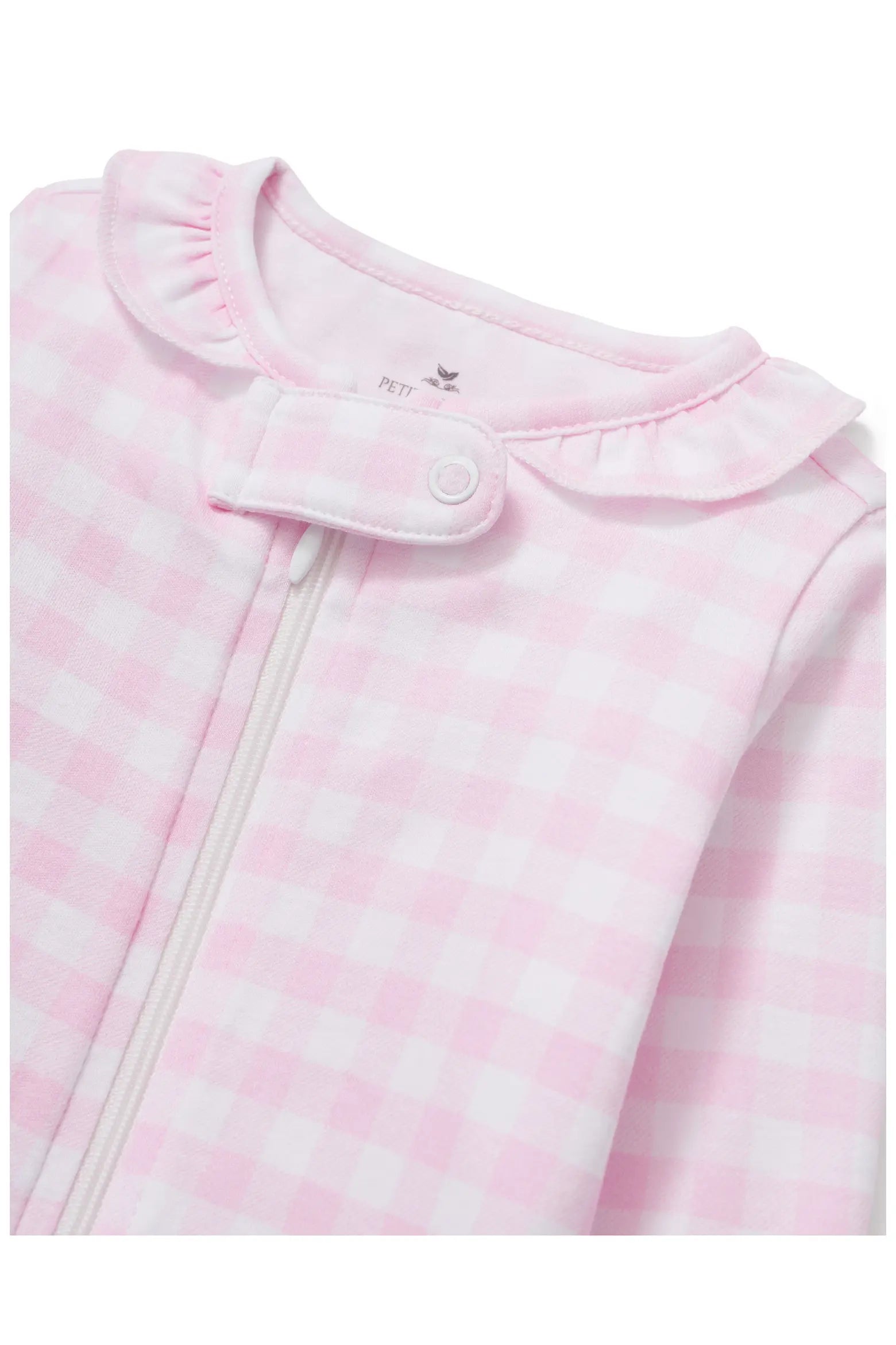 Personalized Pima Ruffle Collar Romper in Pink Gingham (0-3 mo.)