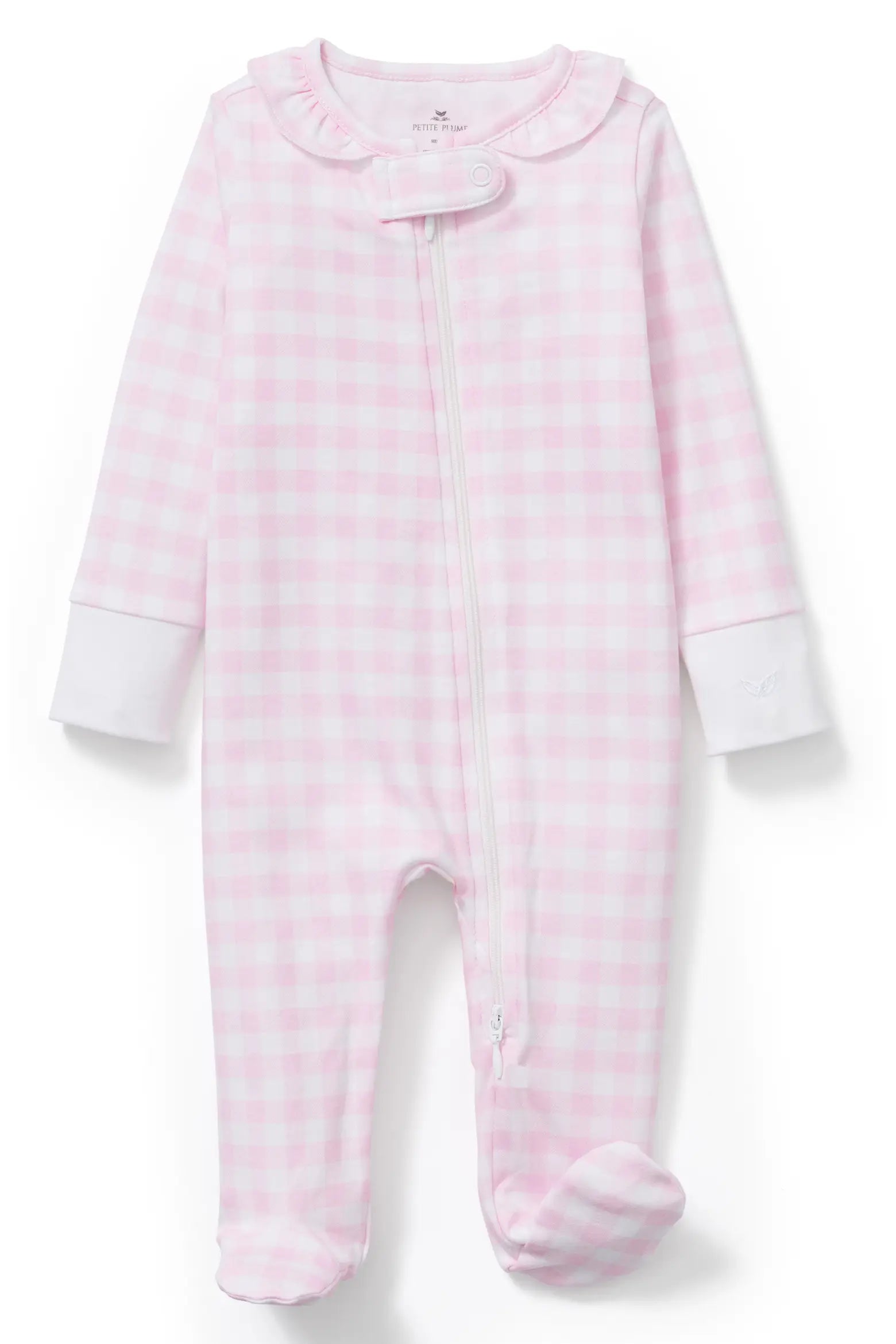 Personalized Pima Ruffle Collar Romper in Pink Gingham (0-3 mo.)