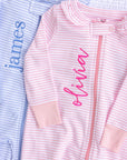Baby Personalized Pima Ruffle Collar Romper in Pink Stripes (3-6 mo.)