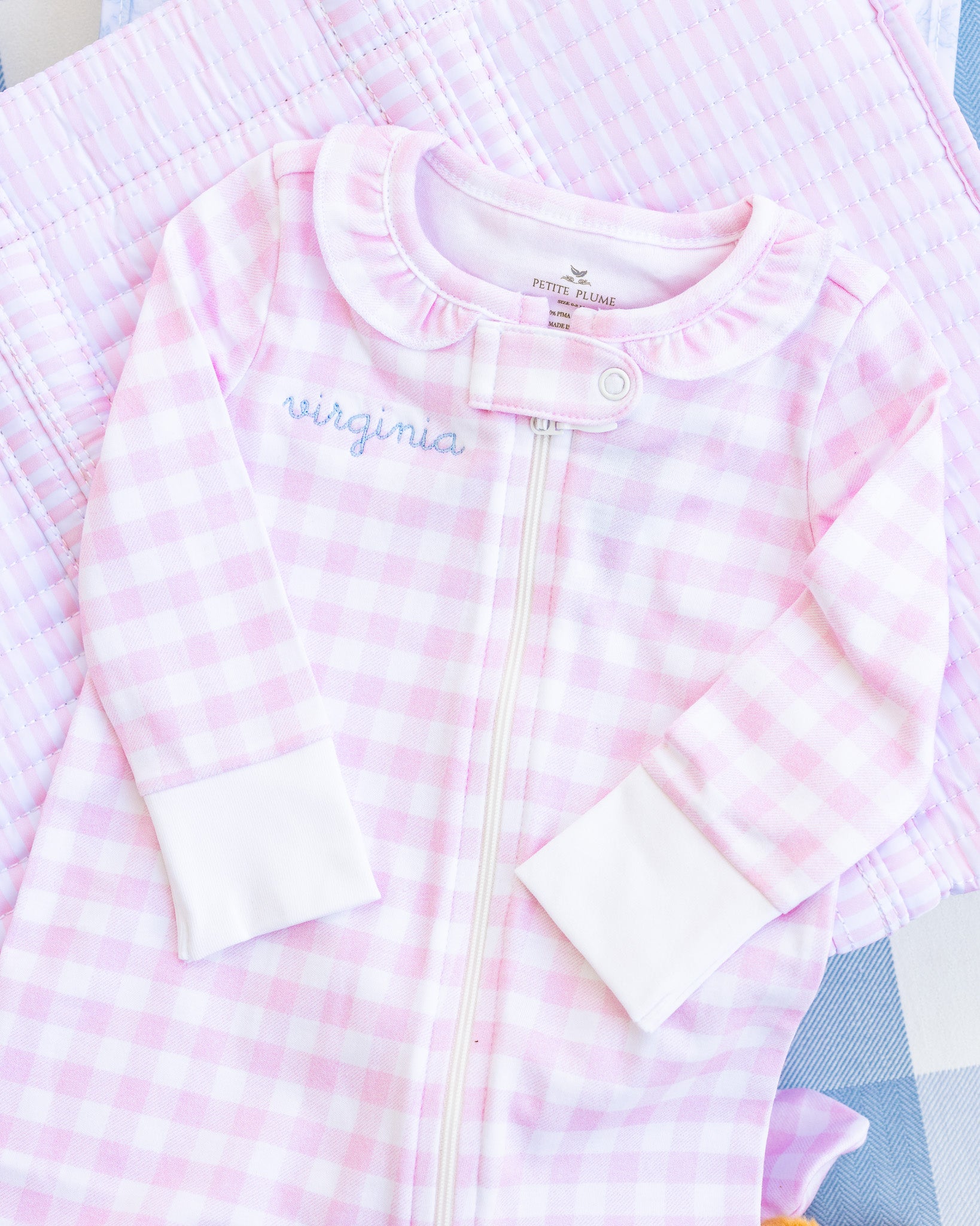 Personalized Pima Romper in Blue Gingham (0-3 mo.)