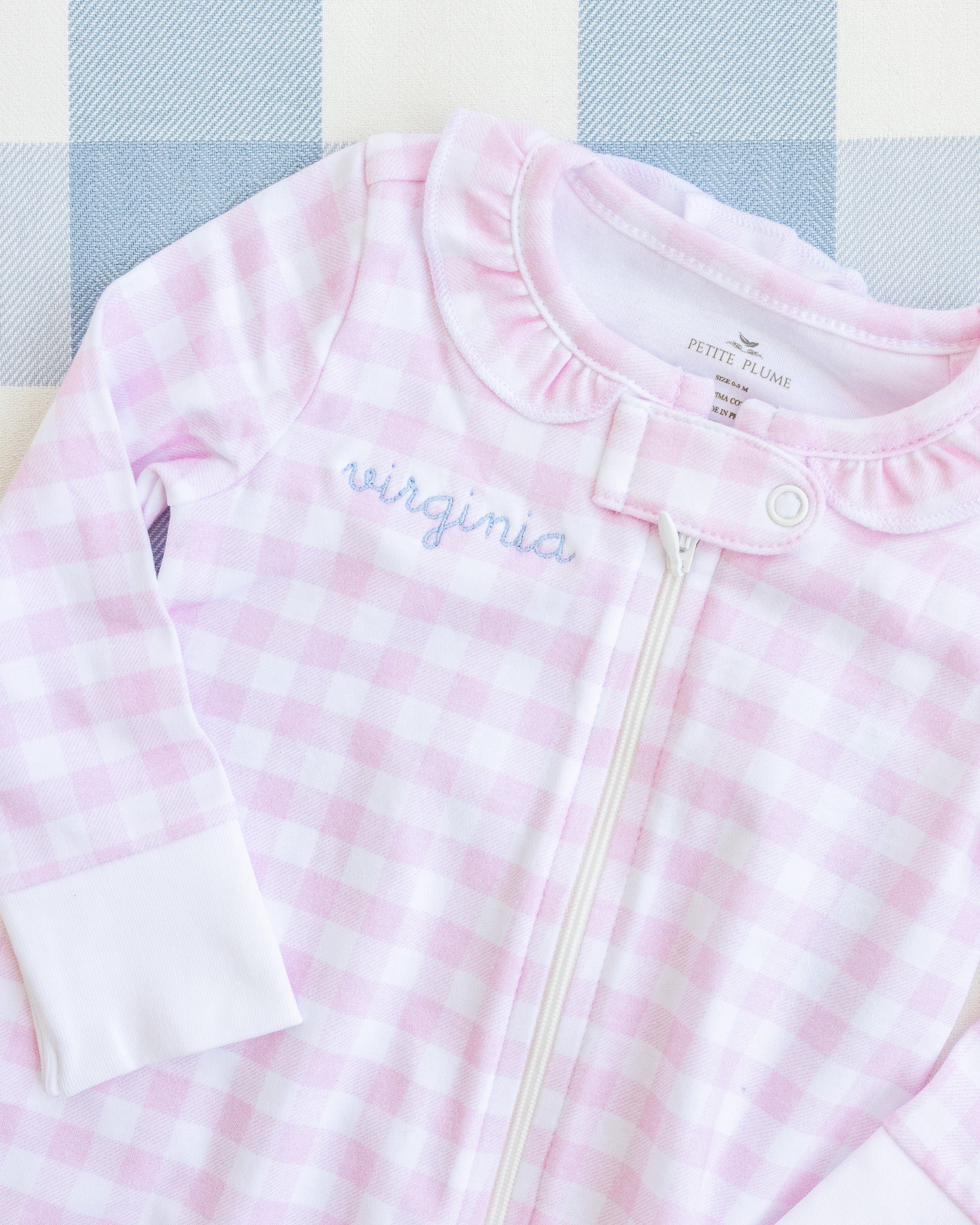 Personalized Pima Romper in Blue Gingham (0-3 mo.)