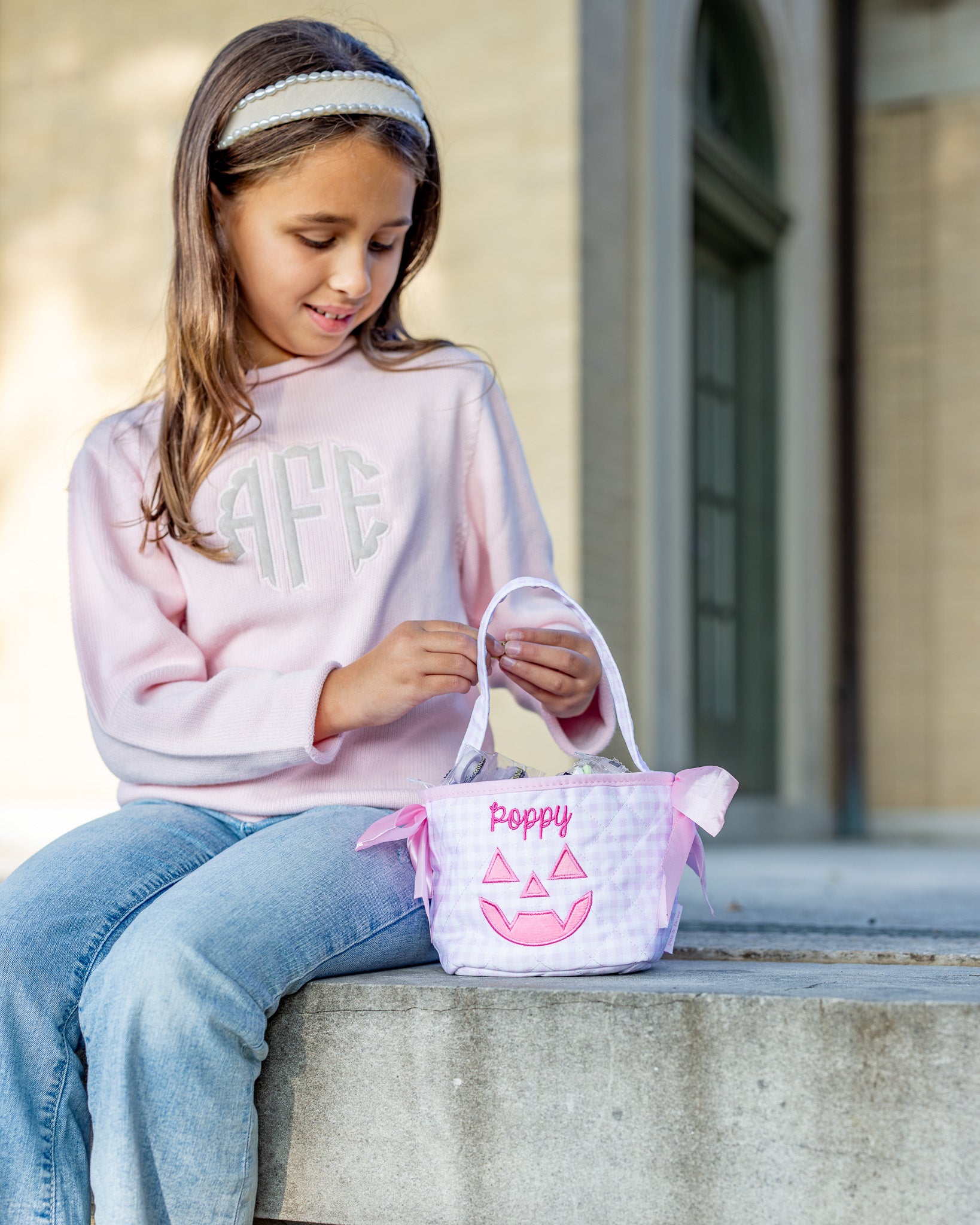 Personalized Pink Gingham Mini Trick or Treat Bucket