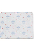 White pouch with blue airplane pattern on a white background